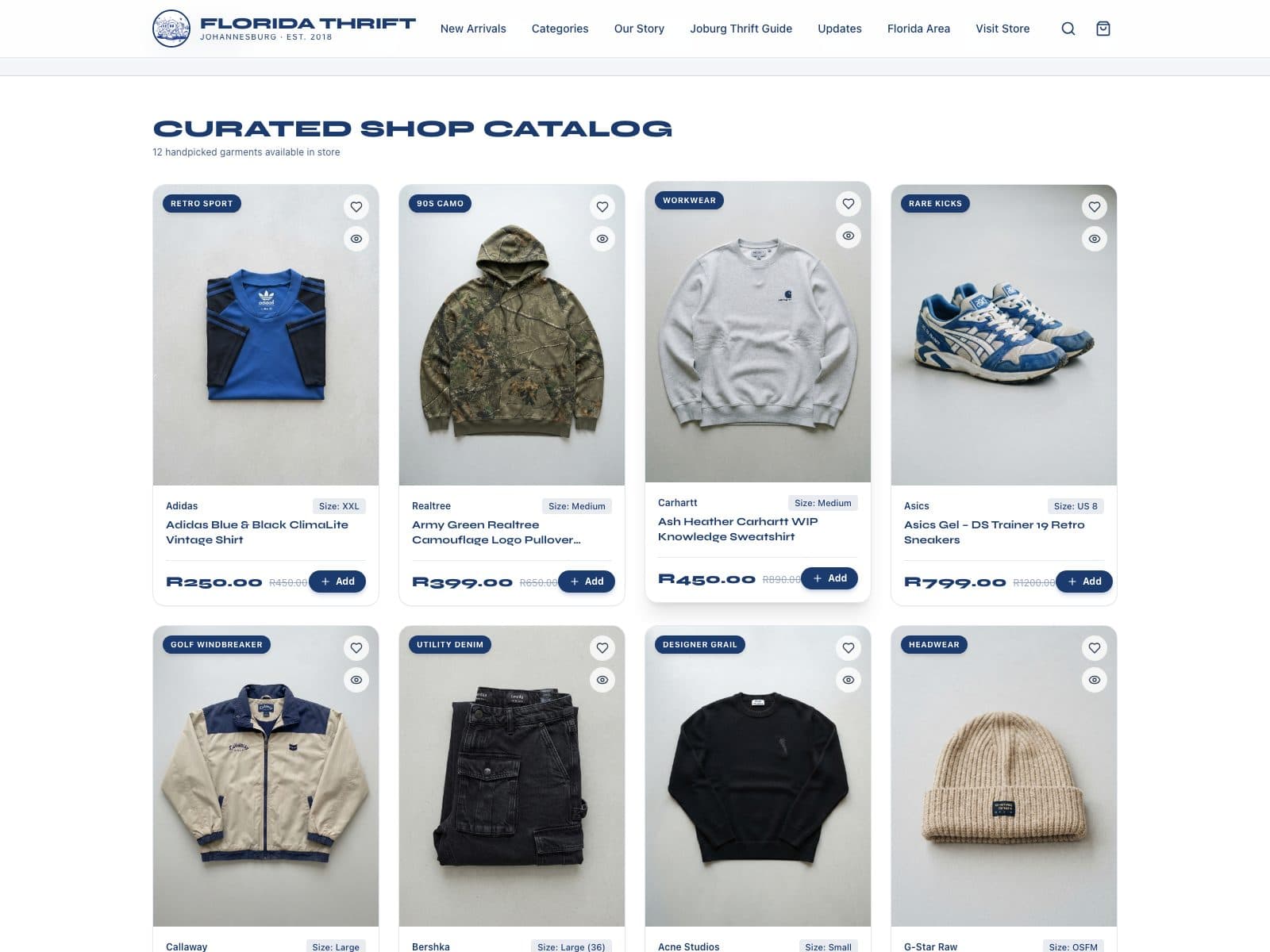 Florida Thrift curated shop catalog with add-to-list buttons