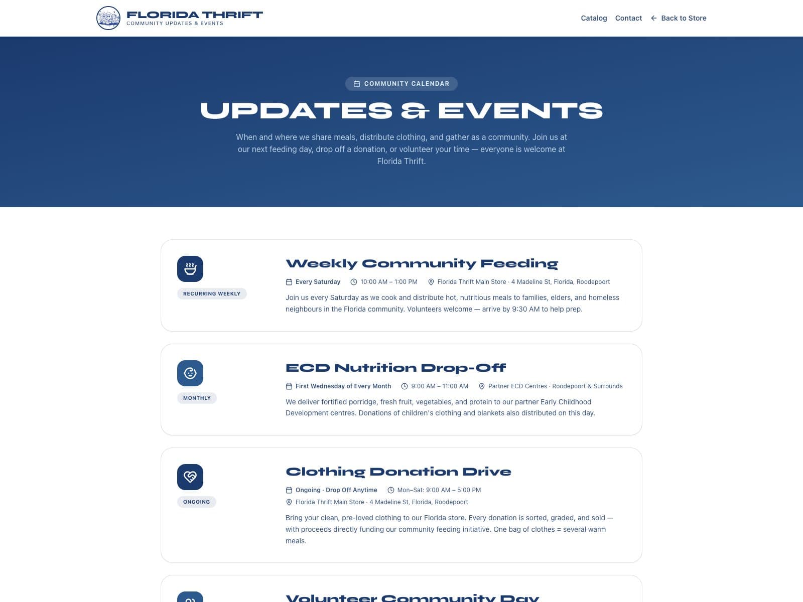 Updates and events community calendar page