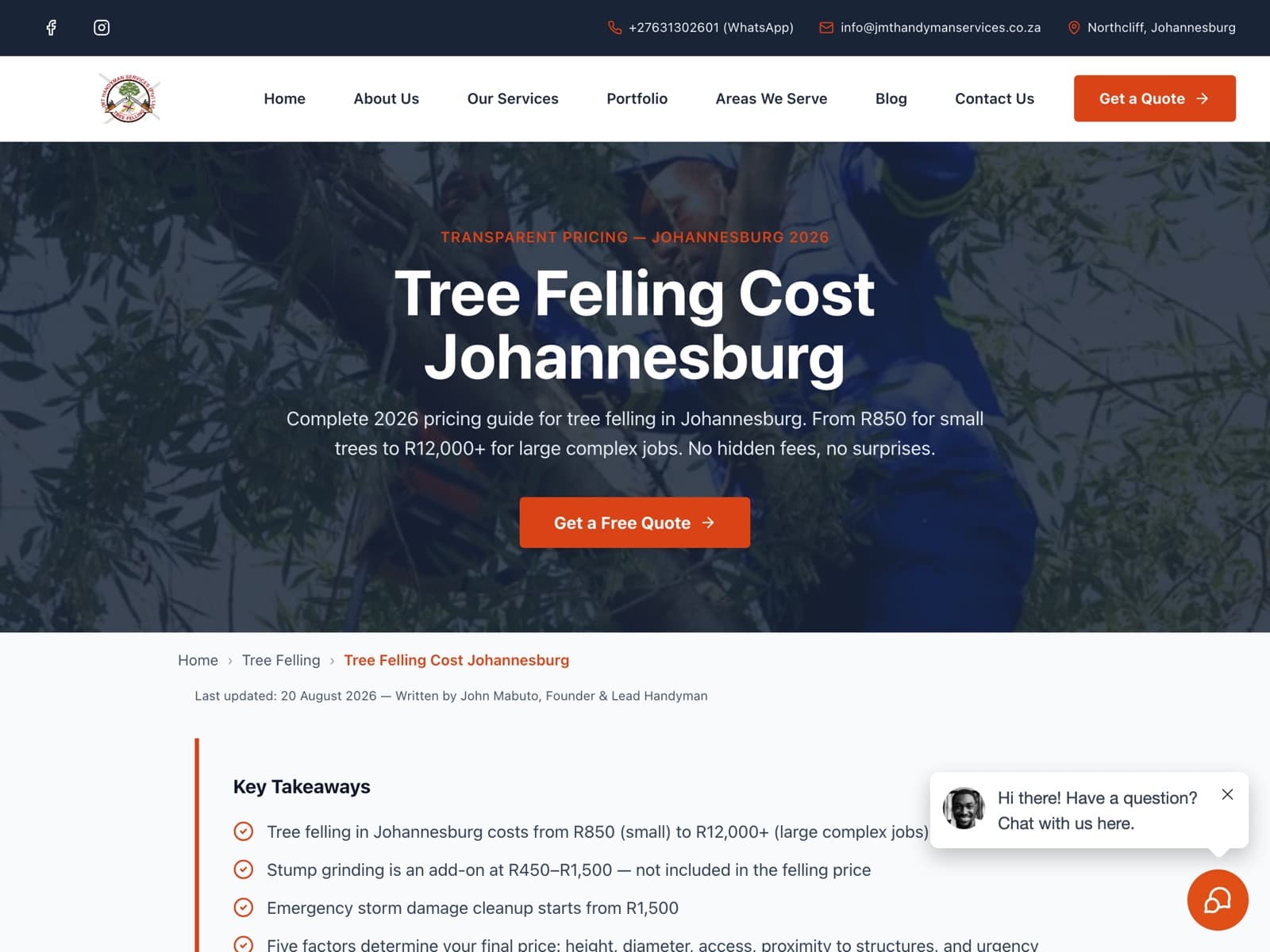 Tree felling cost guide for Johannesburg