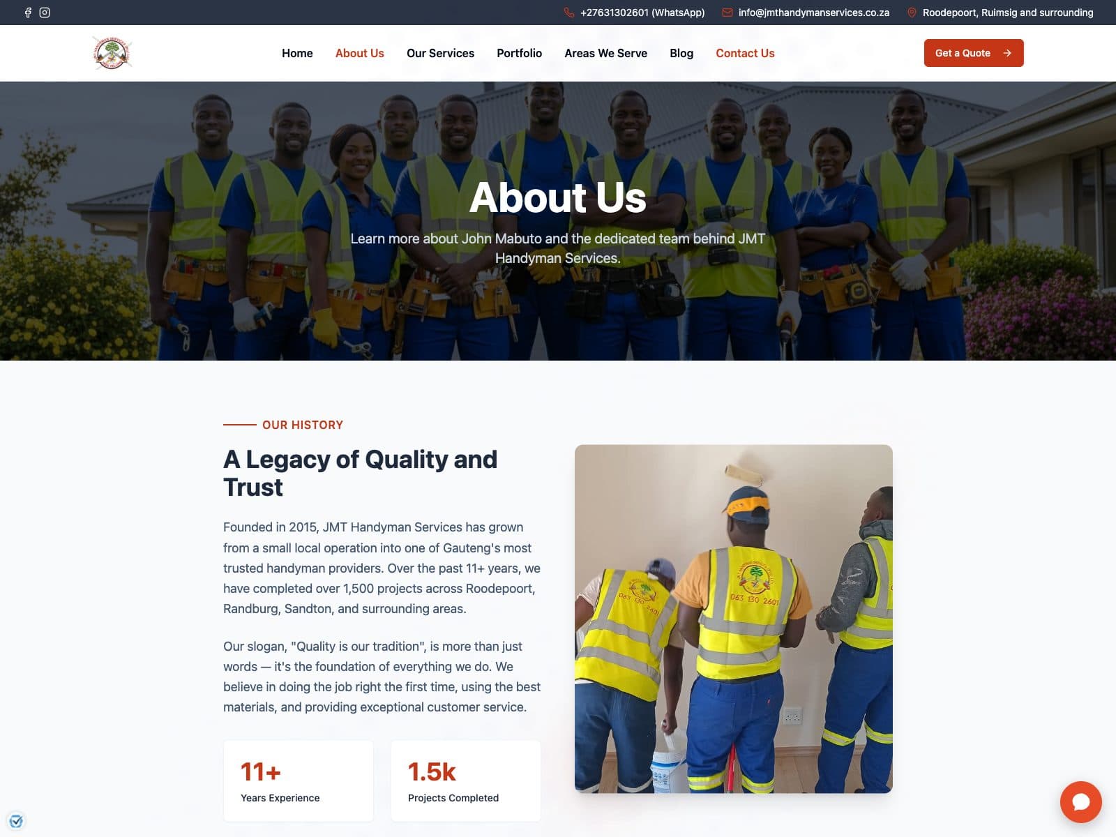 JMT design: about page with team photo and numbers