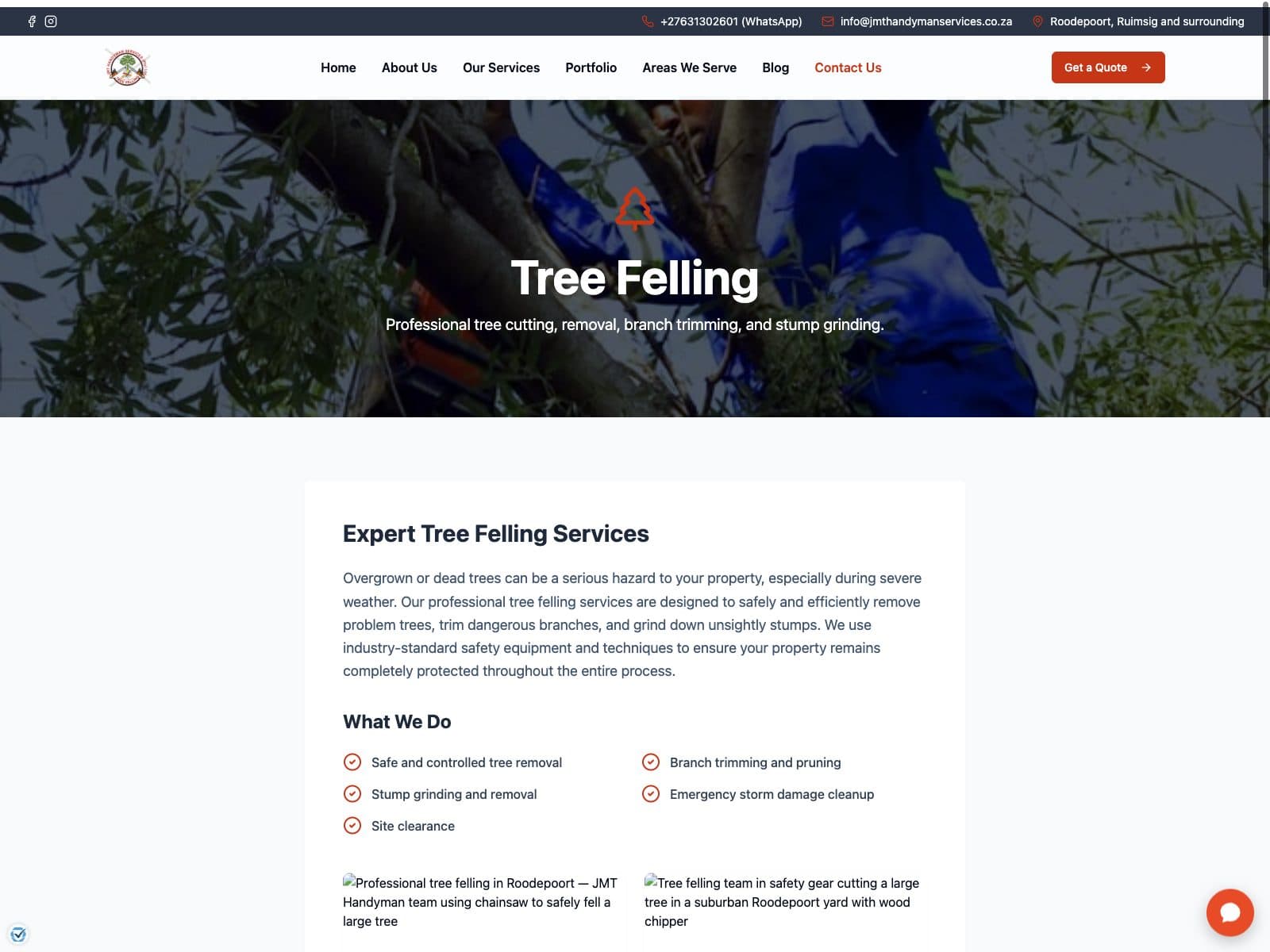 JMT design: tree felling service page