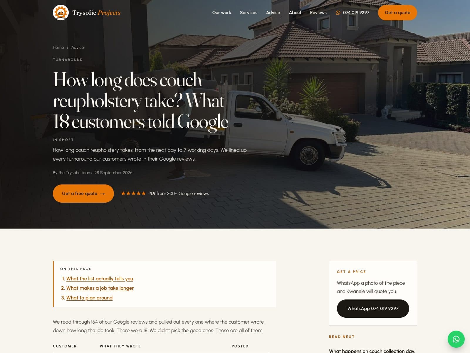How long couch reupholstery takes, from 18 Google reviews